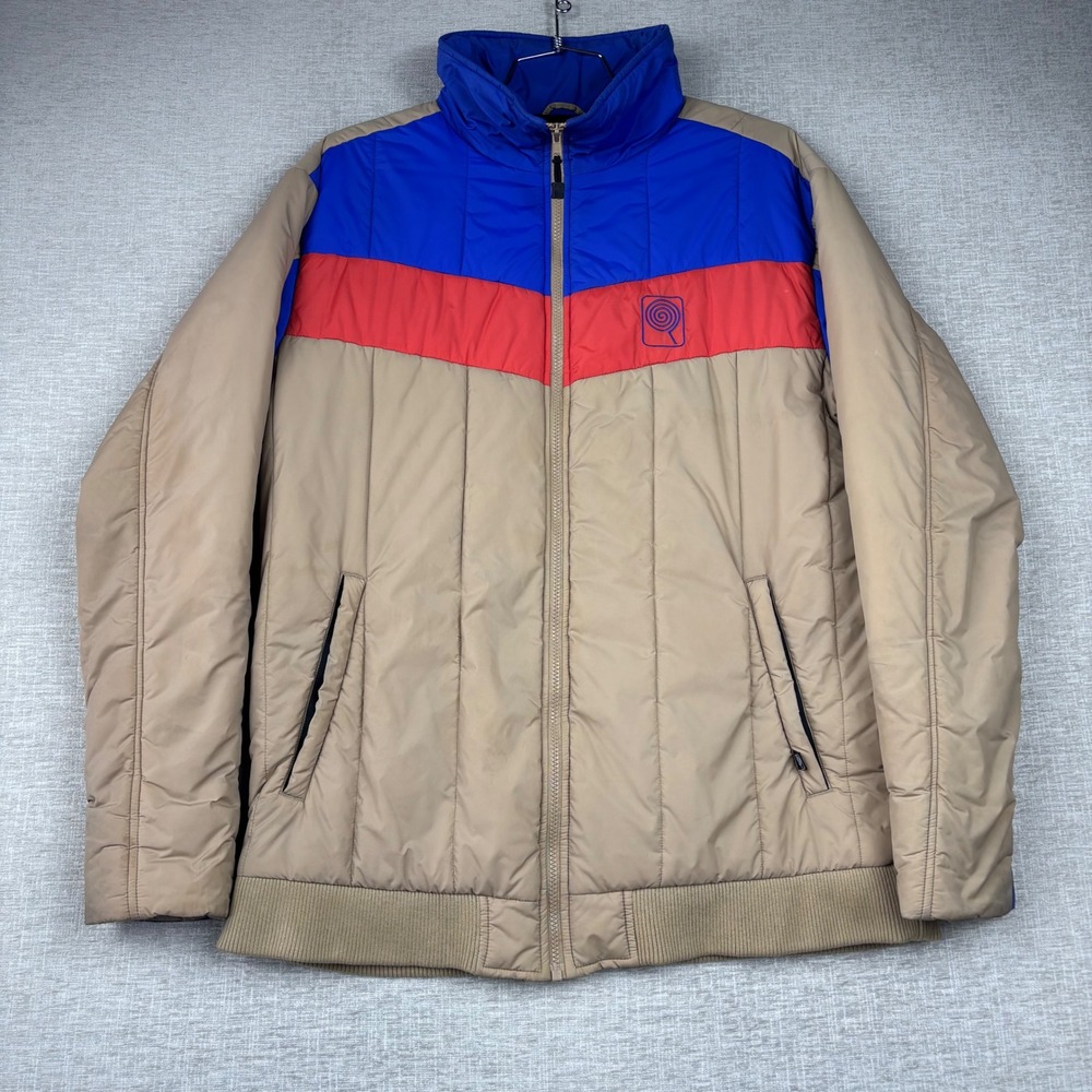 CNDYGRND Mens Large Colorblock Puffer Jacket Tan Red Blue Insulated Full Zip